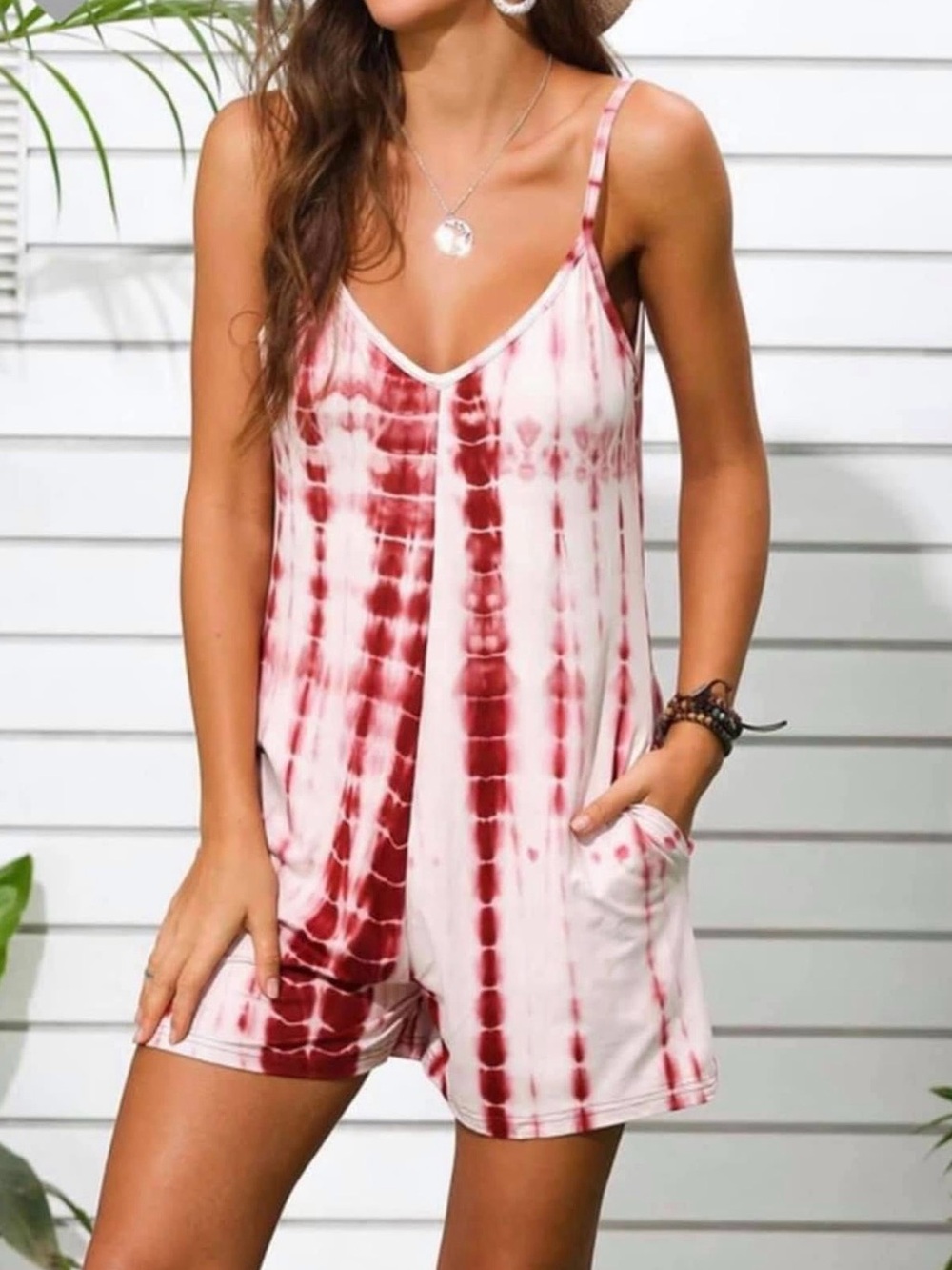 Women’s Tie-Dye Sleeveless Romper - White & Burgundy